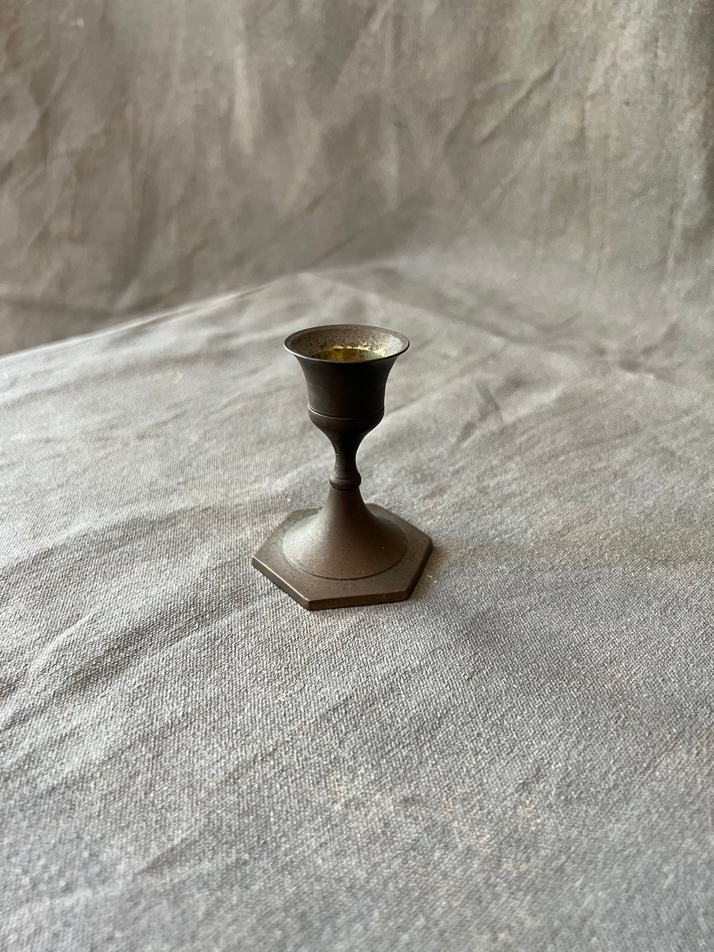 Single Brass Vintage Dark Hexagonal Bottom Candle Holder