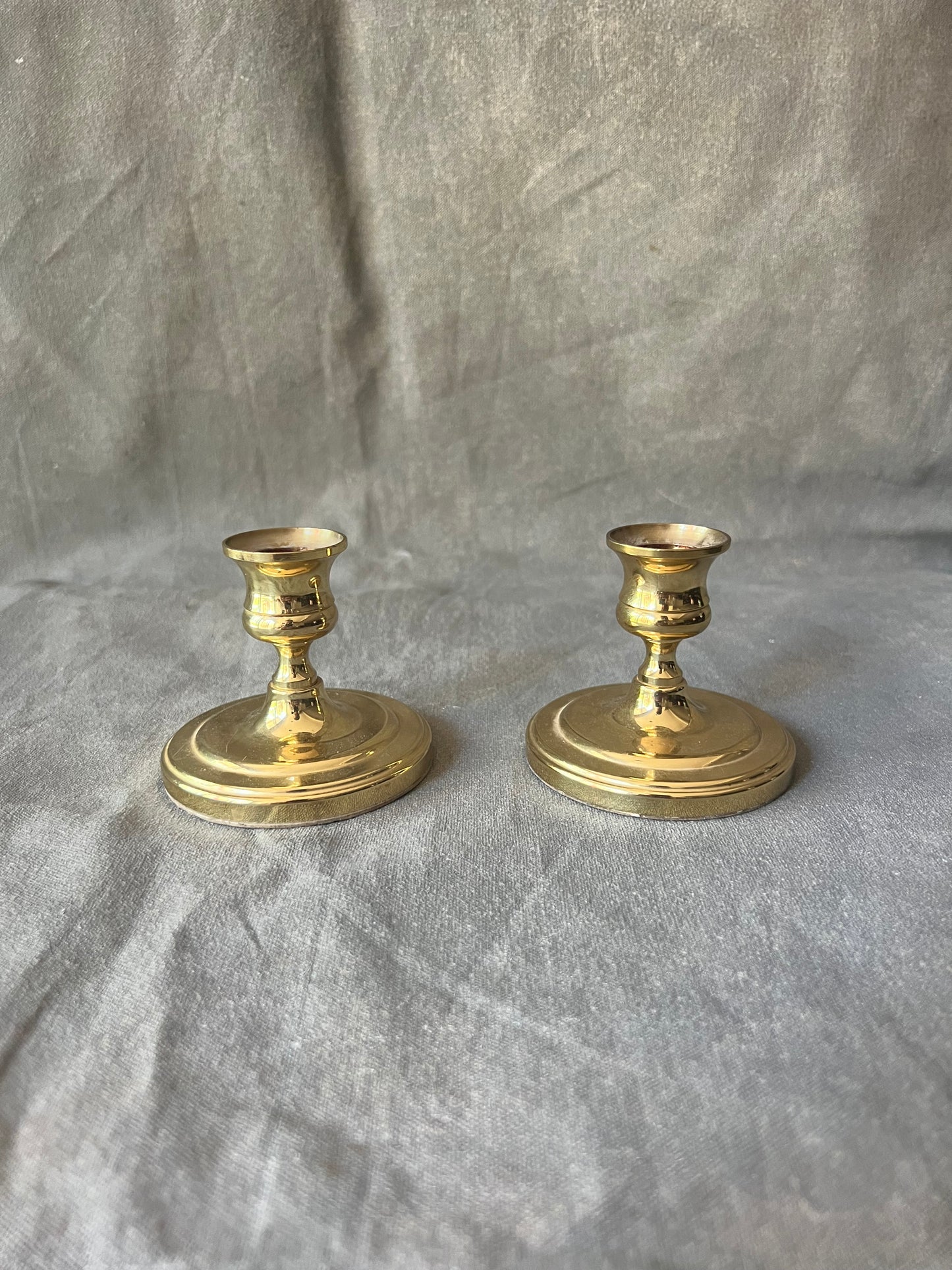 Pair of Vintage Solid Brass Short Candle Holders From Baldwin