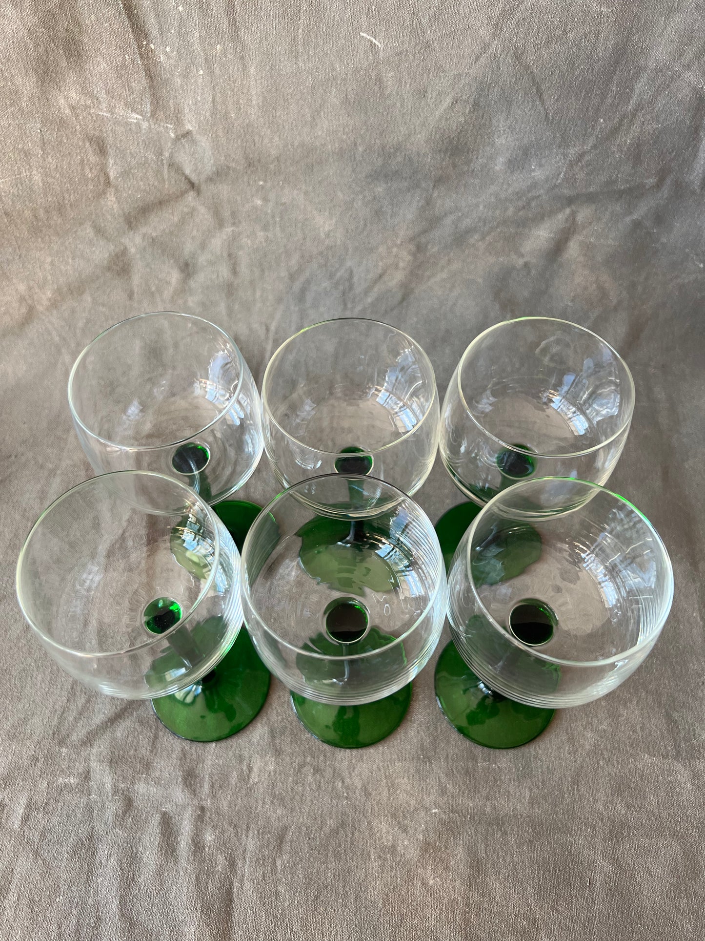 Set of Six Vintage French Luminarc Petite Green Stemmed Wine Glasses