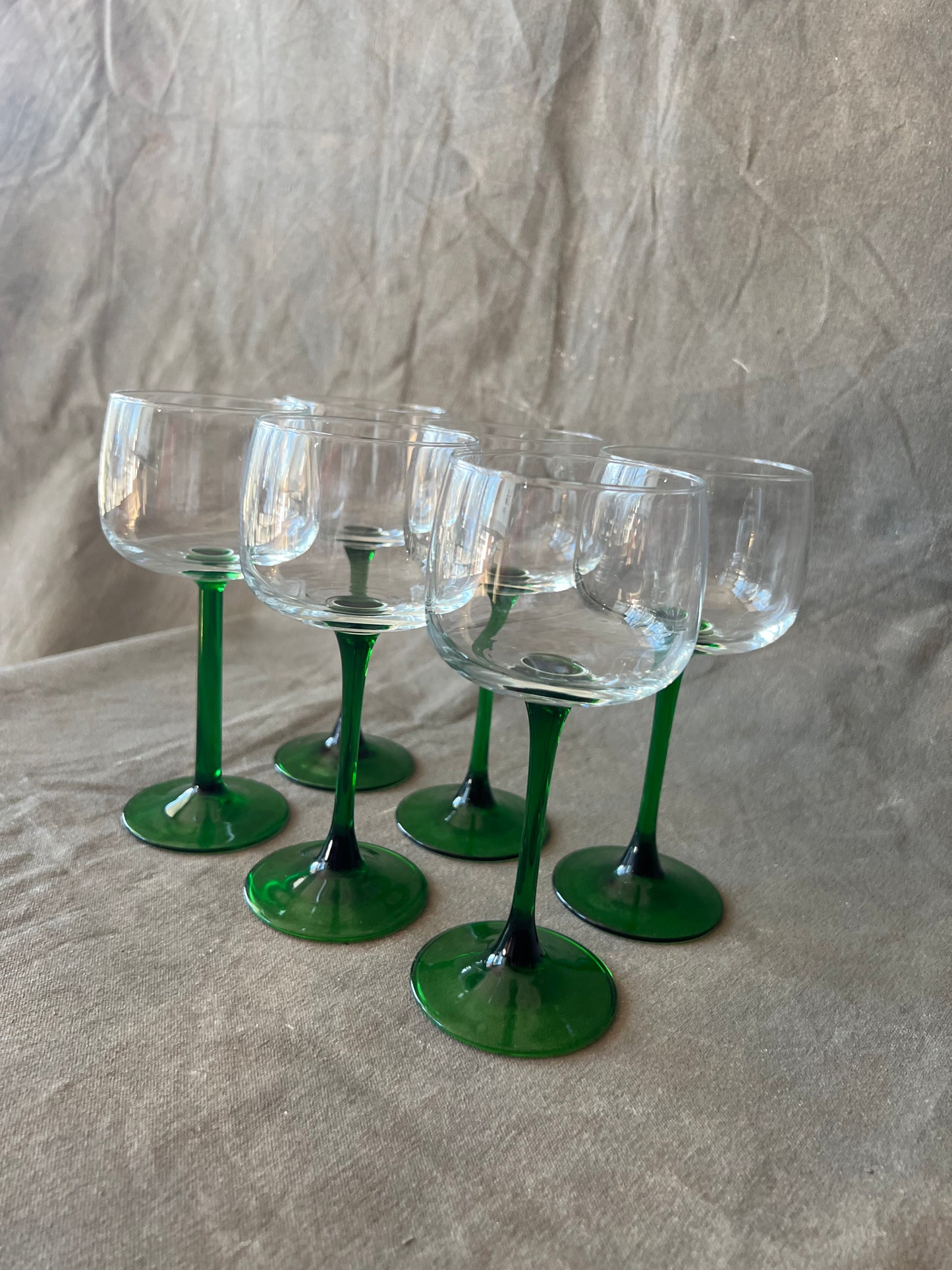 Set of Six Vintage French Luminarc Petite Green Stemmed Wine Glasses