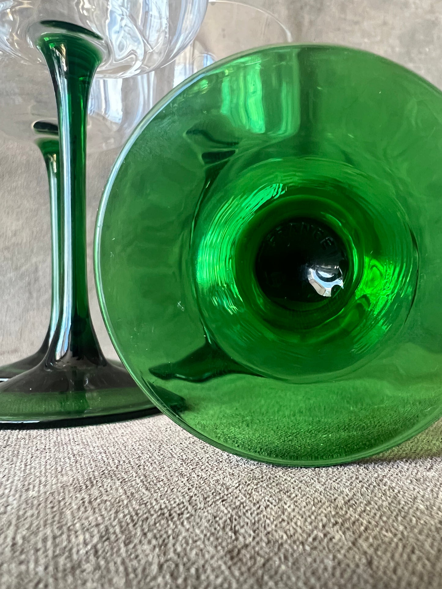 Set of Six Vintage French Luminarc Petite Green Stemmed Wine Glasses